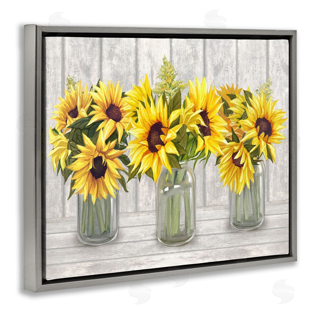 Ziwei Li Three Sunflower Bouquets Country Planks Still Life Gray Floating Frame Canvas Wall Art Print