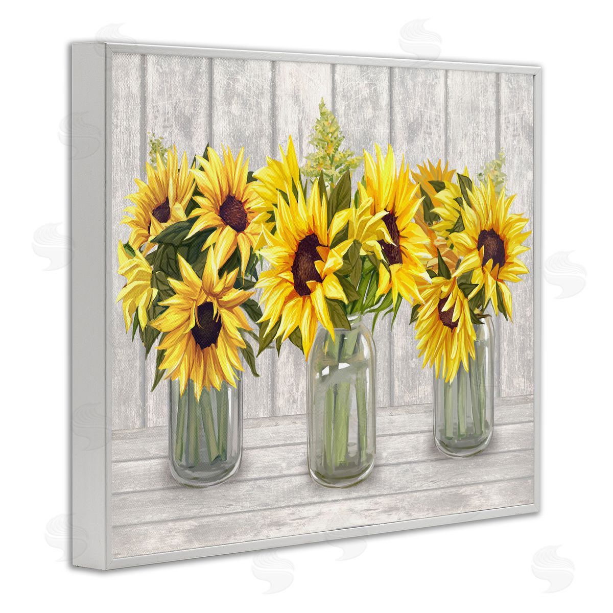 Ziwei Li Three Sunflower Bouquets Country Planks Still Life White Framed Giclee Wall Art Print