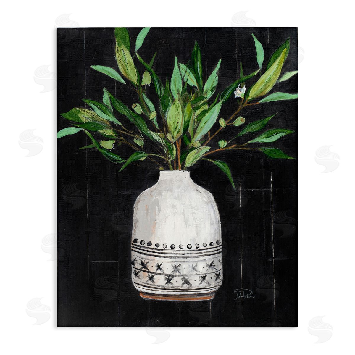 Patricia Pinto Tall Botanical Leaves Arrangement Patterned Pottery Vase Stretched Canvas Wall Art Print