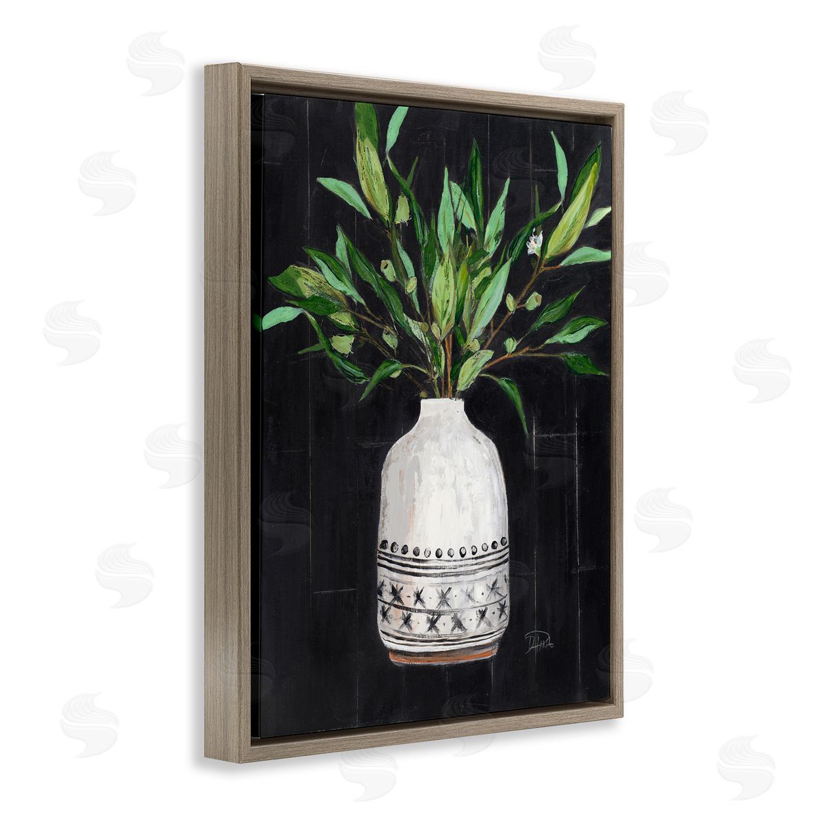 Patricia Pinto Tall Botanical Leaves Arrangement Patterned Pottery Vase Brown Floating Frame Canvas Wall Art Print
