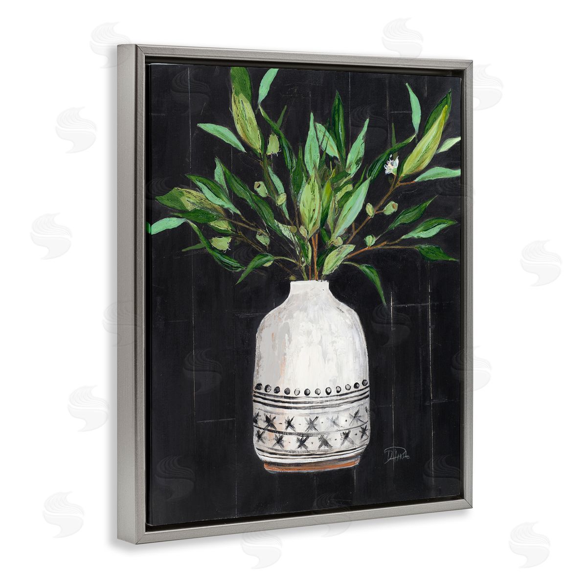 Patricia Pinto Tall Botanical Leaves Arrangement Patterned Pottery Vase Gray Floating Frame Canvas Wall Art Print