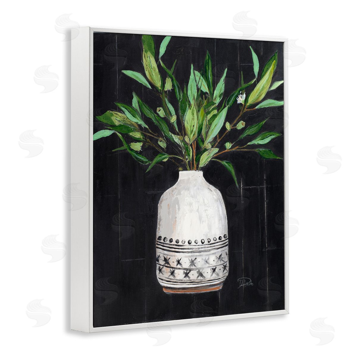Patricia Pinto Tall Botanical Leaves Arrangement Patterned Pottery Vase White Framed Giclee Wall Art Print