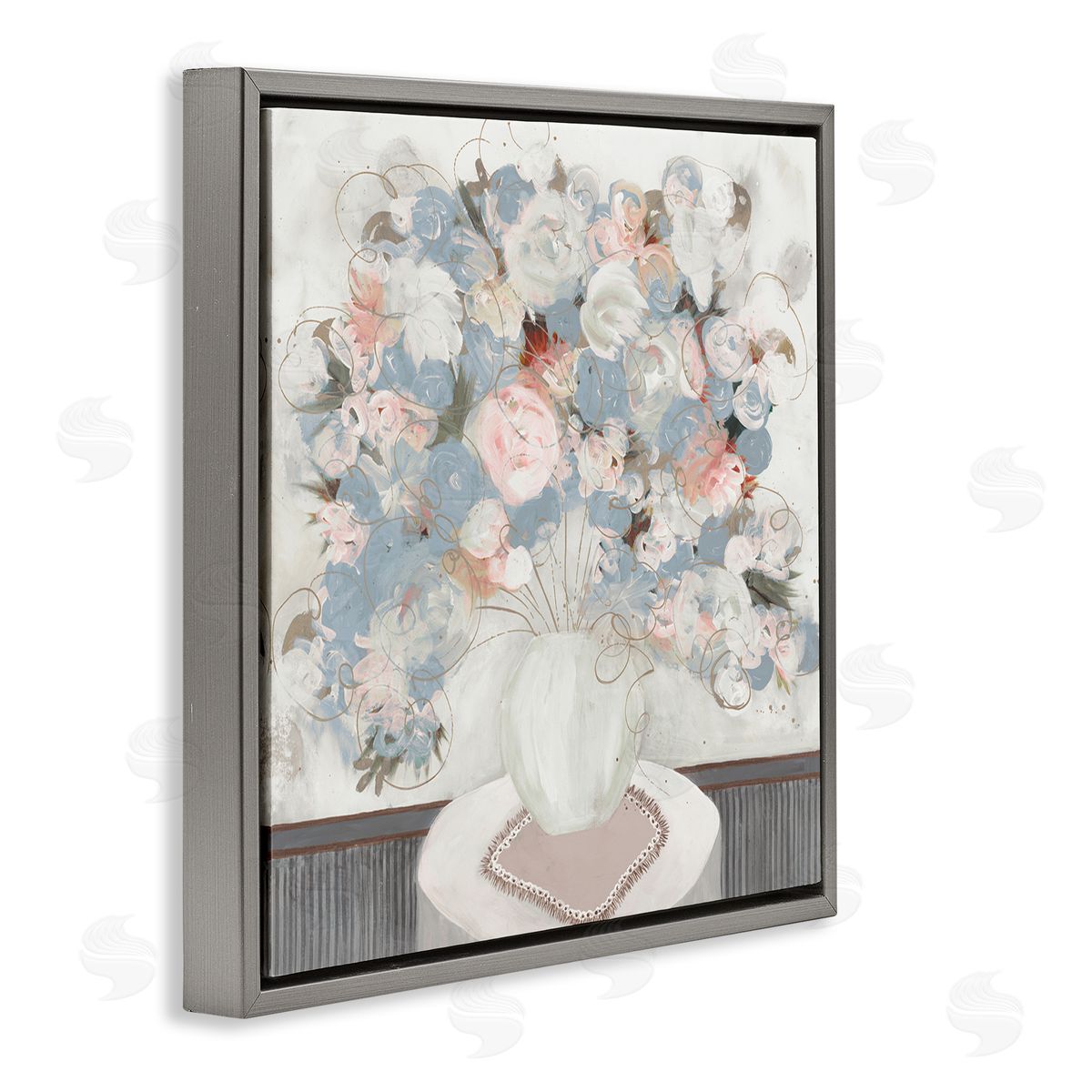 Ruth Fromstein Soft Floral Bouquet Abstract Scribble Blooms Arrangement Gray Floating Frame Canvas Wall Art Print
