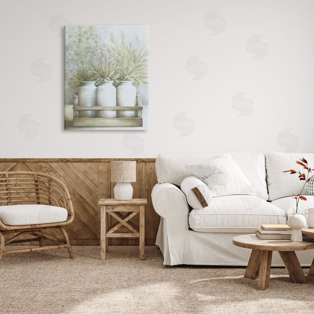 White Ladder Country Herbal Blooms Varied Plants Milk Jugs Canvas Wall Art Print in Room