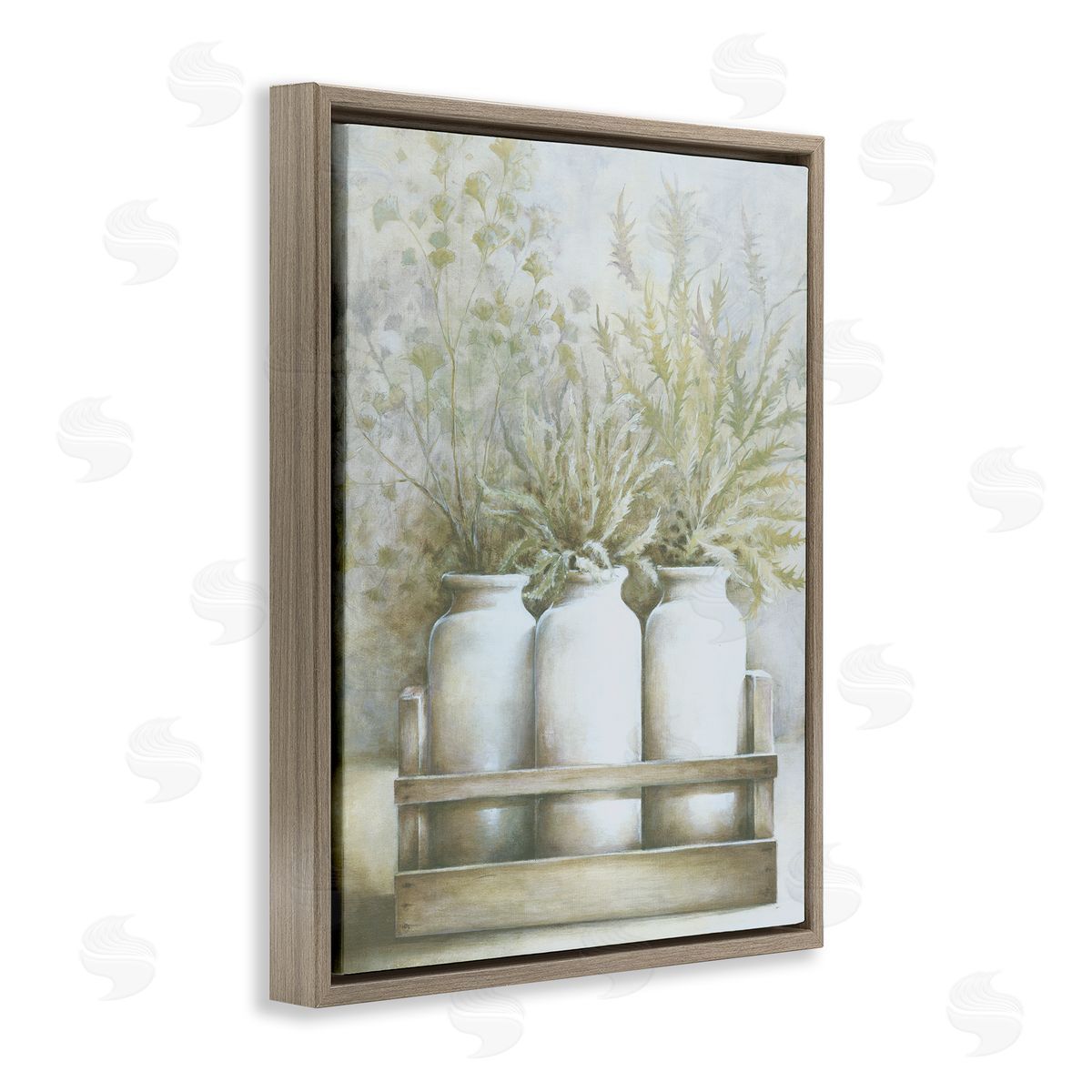 White Ladder Country Herbal Blooms Varied Plants Milk Jugs Brown Floating Frame Canvas Wall Art Print