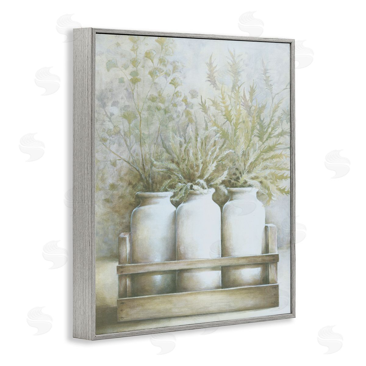 White Ladder Country Herbal Blooms Varied Plants Milk Jugs Gray Framed Giclee Wall Art Print