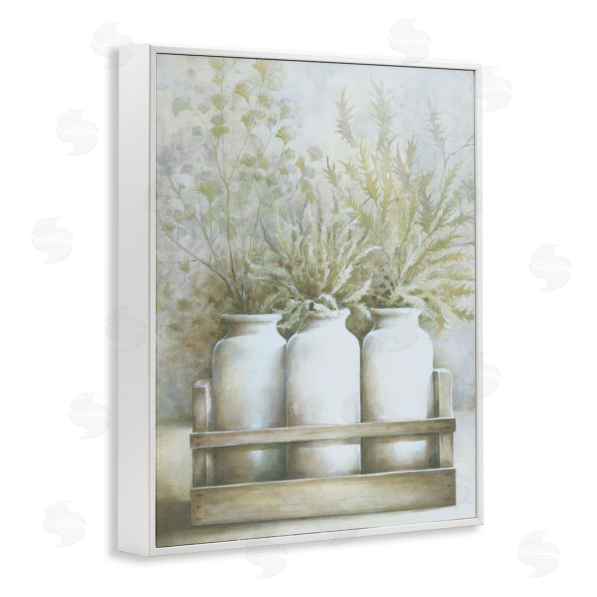 White Ladder Country Herbal Blooms Varied Plants Milk Jugs White Framed Giclee Wall Art Print