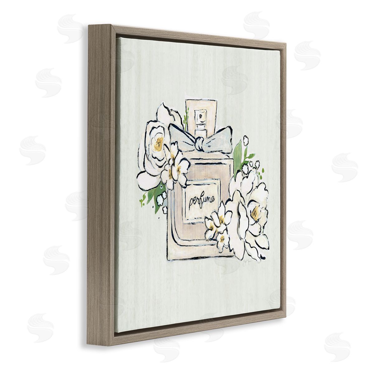 Tava Studios Glam Fashion Perfume Bottle Blooming Flower Buds Brown Floating Frame Canvas Wall Art Print