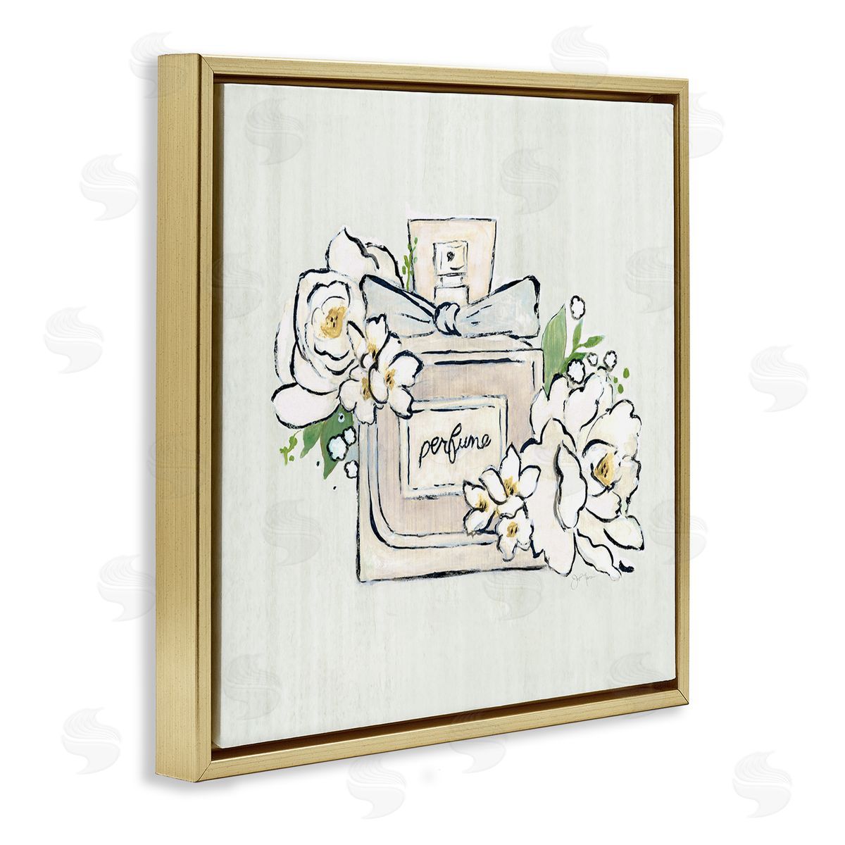 Tava Studios Glam Fashion Perfume Bottle Blooming Flower Buds Gold Floating Frame Canvas Wall Art Print