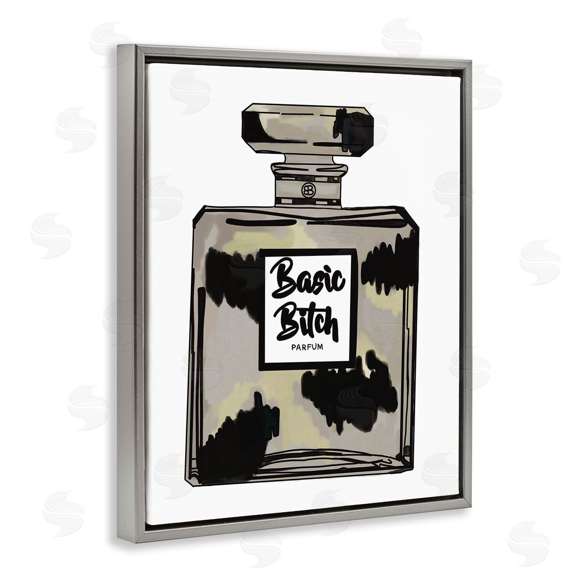Amelia Noyes Basic Bi*** Perfume Bottle Chic Upscale Fashion Gray Floating Frame Canvas Wall Art Print