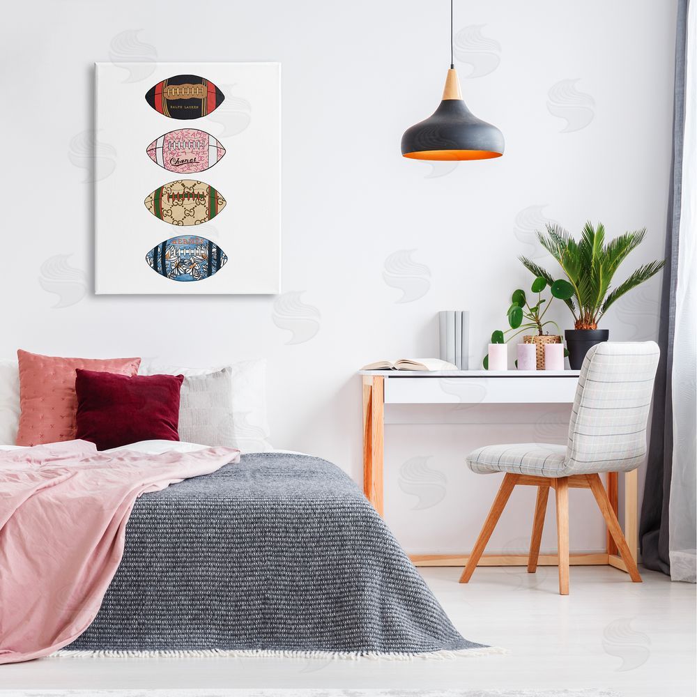 Amelia Noyes Trendy Glam Footballs Patterned Chic Fashions Canvas Wall Art Print in Room