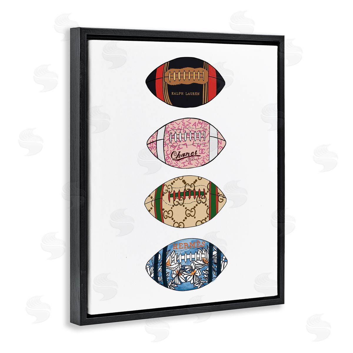 Amelia Noyes Trendy Glam Footballs Patterned Chic Fashions Black Floating Frame Canvas Wall Art Print