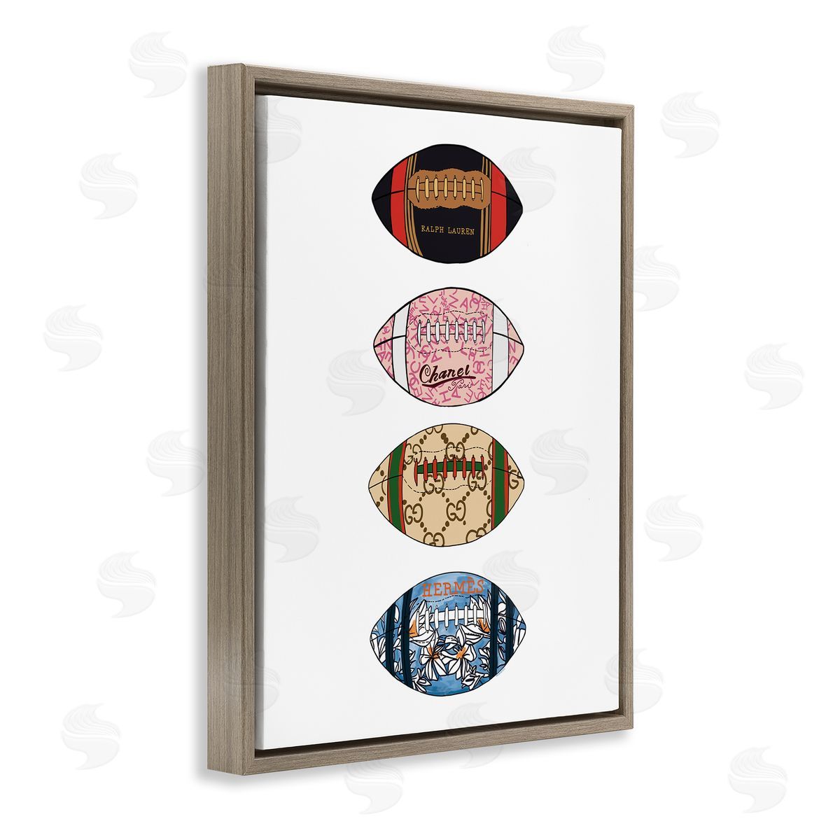 Amelia Noyes Trendy Glam Footballs Patterned Chic Fashions Brown Floating Frame Canvas Wall Art Print
