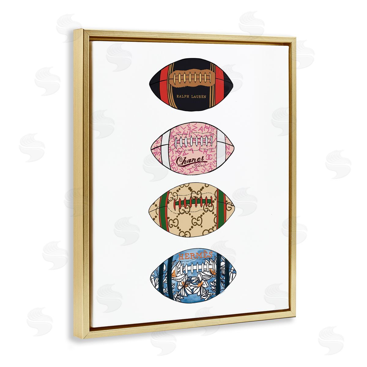 Amelia Noyes Trendy Glam Footballs Patterned Chic Fashions Gold Floating Frame Canvas Wall Art Print