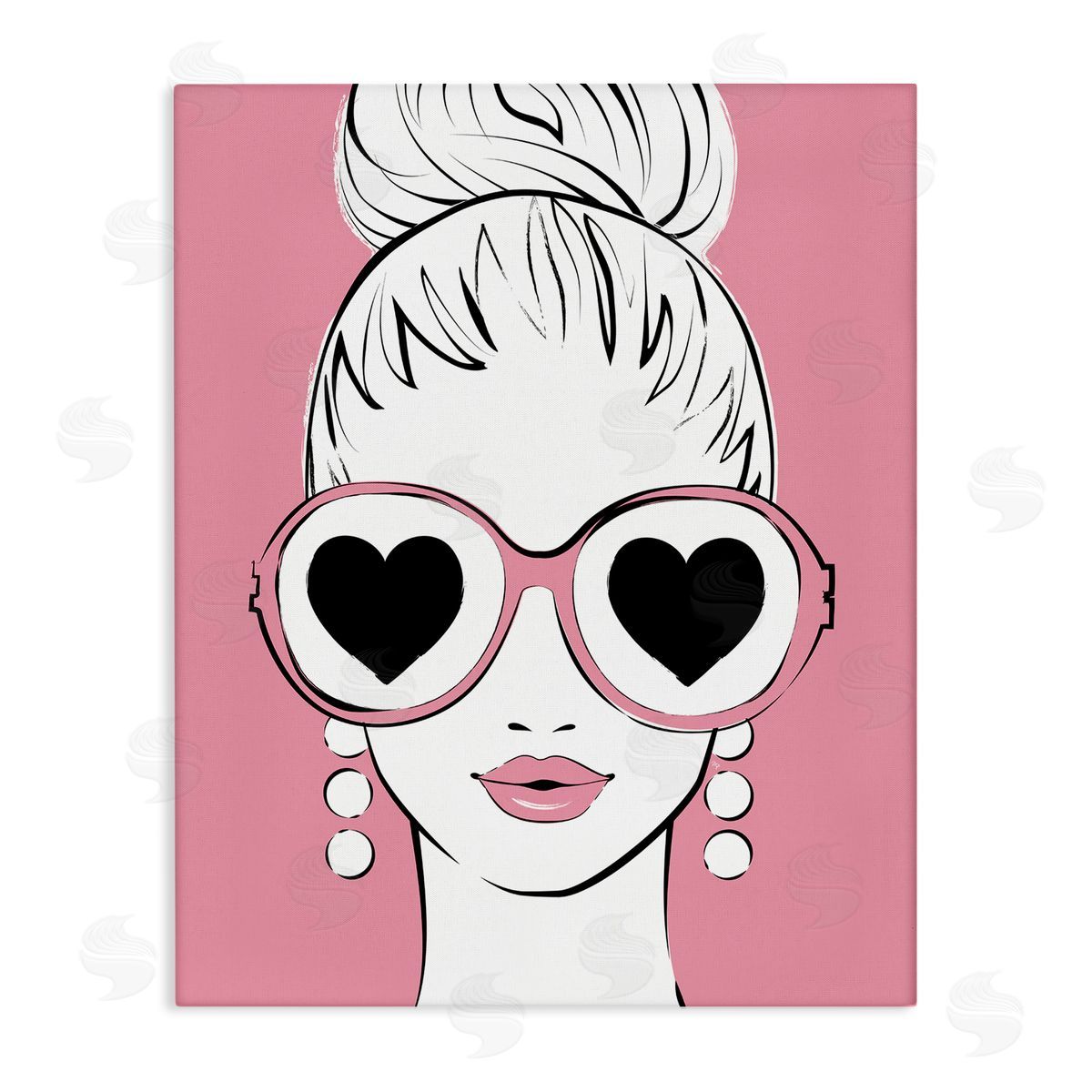 Martina Pavlova Fashionable Woman Heart Sunglasses Pink Glam Drawing Stretched Canvas Wall Art Print