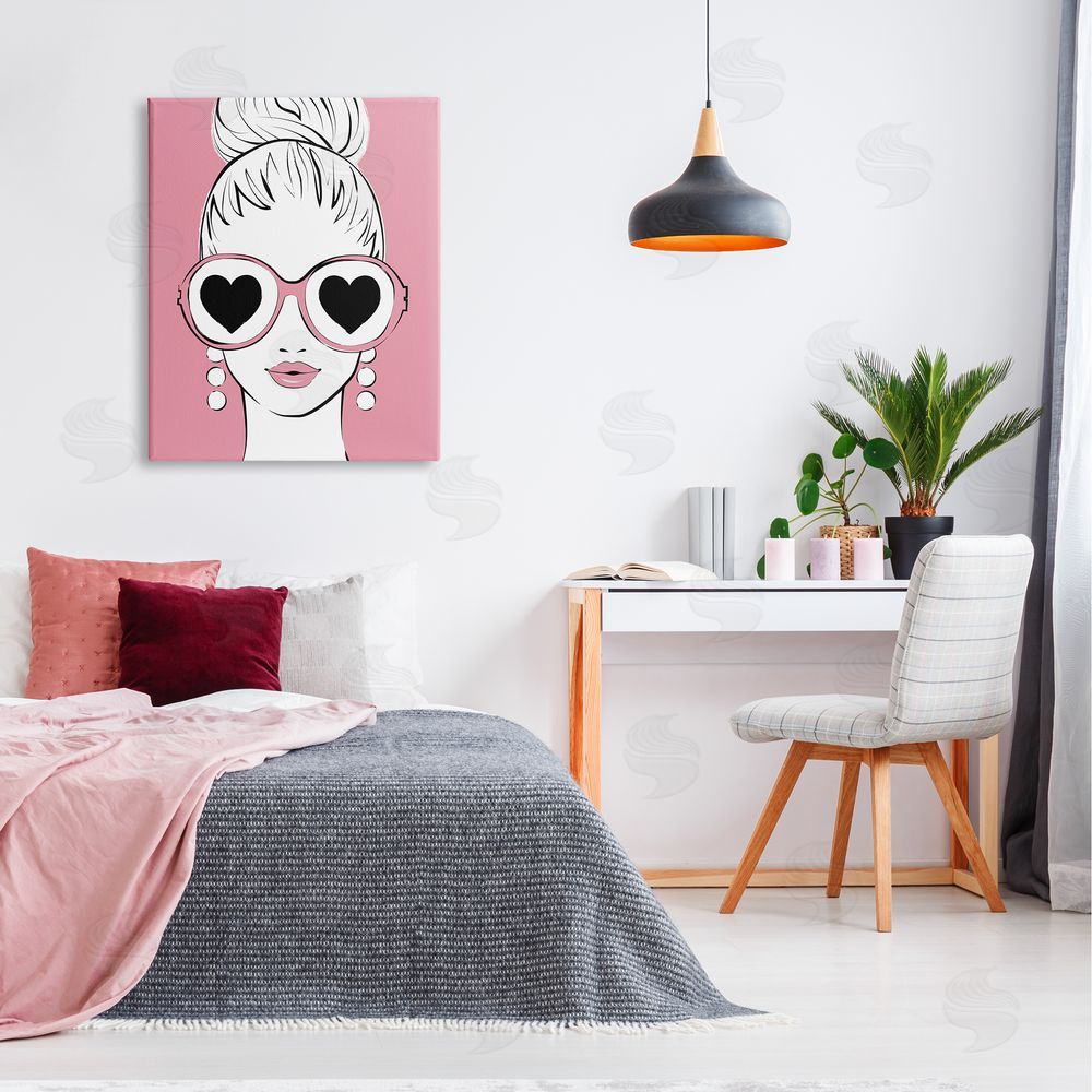 Martina Pavlova Fashionable Woman Heart Sunglasses Pink Glam Drawing Canvas Wall Art Print in Room