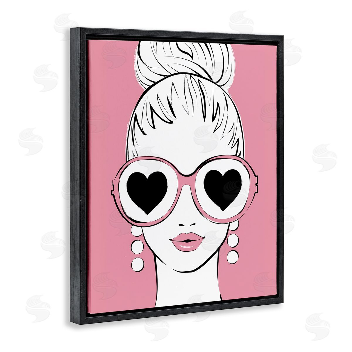 Martina Pavlova Fashionable Woman Heart Sunglasses Pink Glam Drawing Black Floating Frame Canvas Wall Art Print