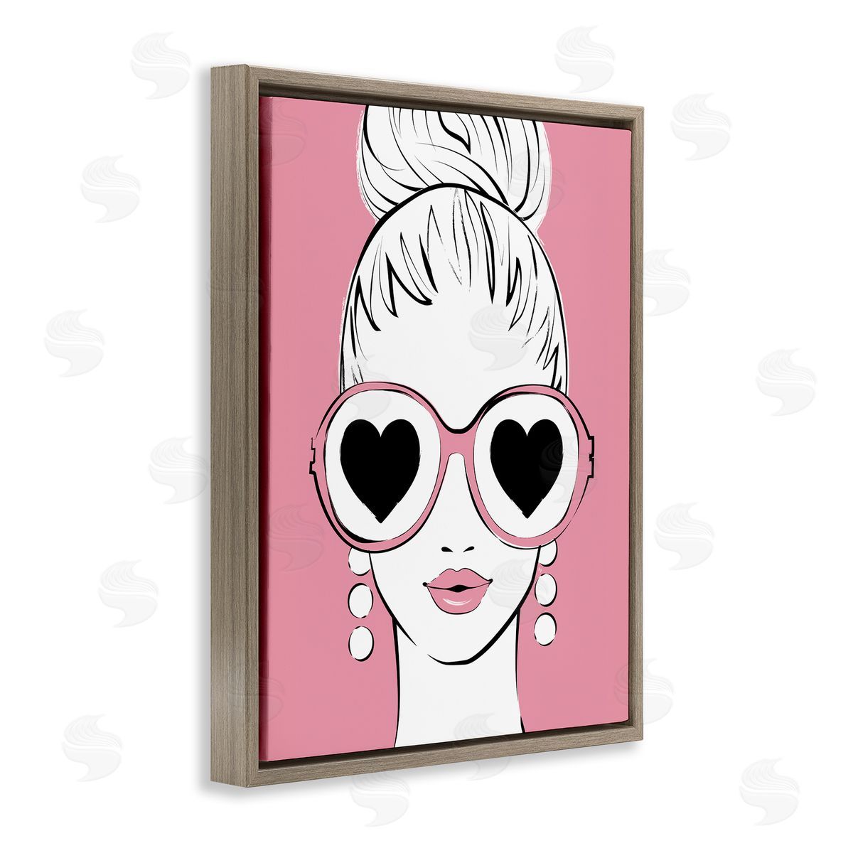 Martina Pavlova Fashionable Woman Heart Sunglasses Pink Glam Drawing Brown Floating Frame Canvas Wall Art Print