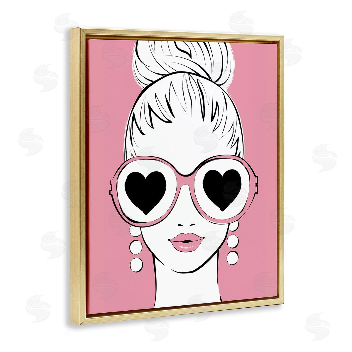 Martina Pavlova Fashionable Woman Heart Sunglasses Pink Glam Drawing Gold Floating Frame Canvas Wall Art Print