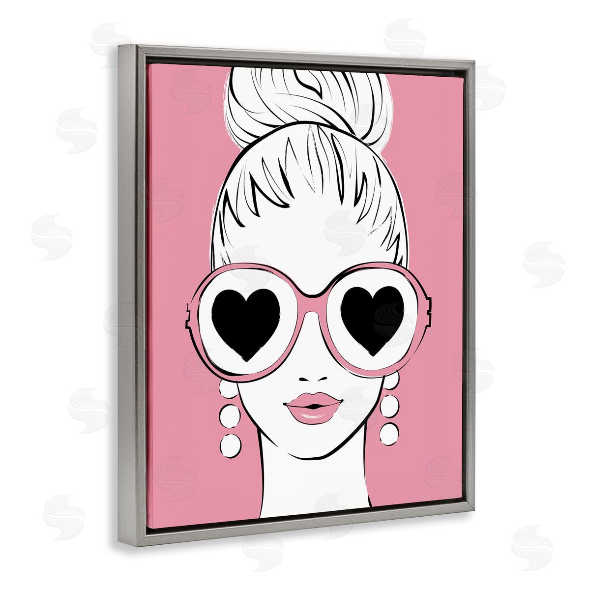 Martina Pavlova Fashionable Woman Heart Sunglasses Pink Glam Drawing Gray Floating Frame Canvas Wall Art Print