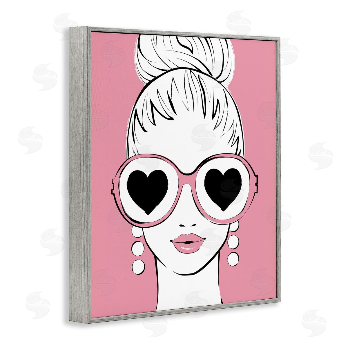 Martina Pavlova Fashionable Woman Heart Sunglasses Pink Glam Drawing Gray Framed Giclee Wall Art Print