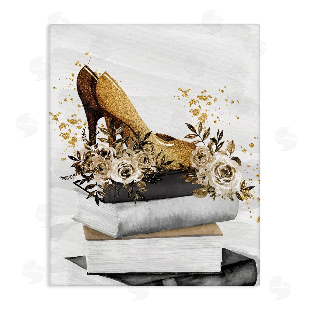 Kim Allen Dazzling Floral Heel Shoes Trendy Books Stacked Stretched Canvas Wall Art Print