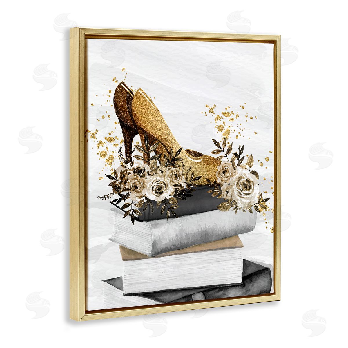 Kim Allen Dazzling Floral Heel Shoes Trendy Books Stacked Gold Floating Frame Canvas Wall Art Print
