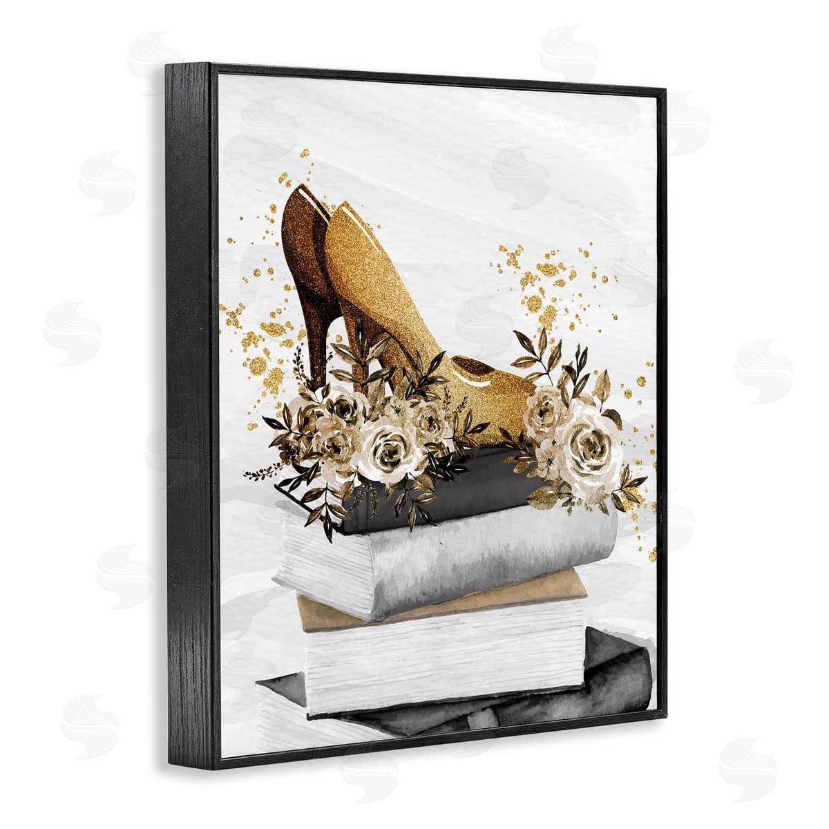 Kim Allen Dazzling Floral Heel Shoes Trendy Books Stacked Black Framed Giclee Wall Art Print