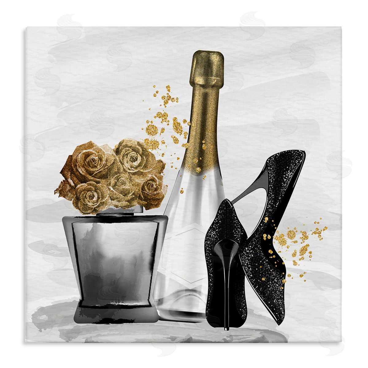 Kim Allen Chic Upscale Fashion Heels Floral Champagne Bottle Stretched Canvas Wall Art Print