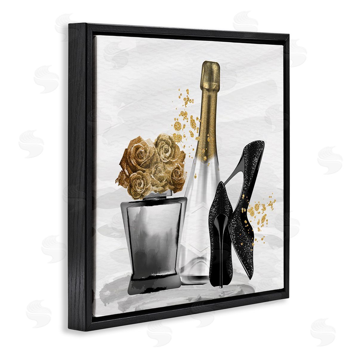Kim Allen Chic Upscale Fashion Heels Floral Champagne Bottle Black Floating Frame Canvas Wall Art Print