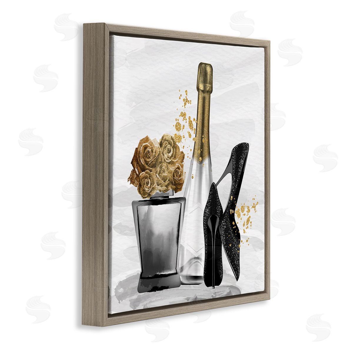 Kim Allen Chic Upscale Fashion Heels Floral Champagne Bottle Brown Floating Frame Canvas Wall Art Print