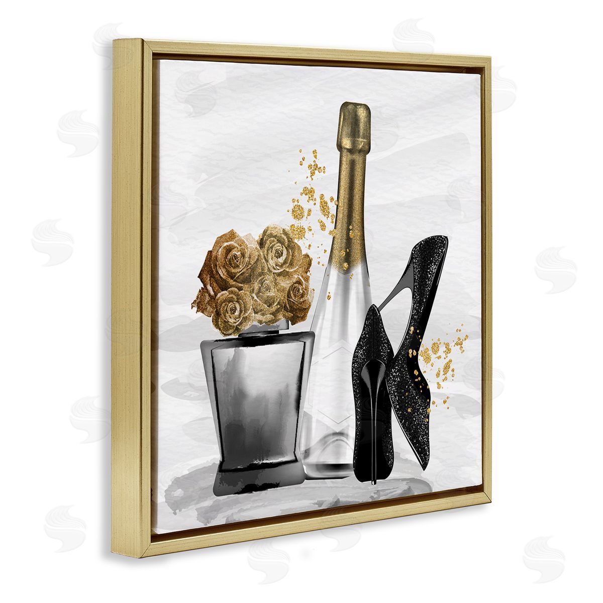 Kim Allen Chic Upscale Fashion Heels Floral Champagne Bottle Gold Floating Frame Canvas Wall Art Print