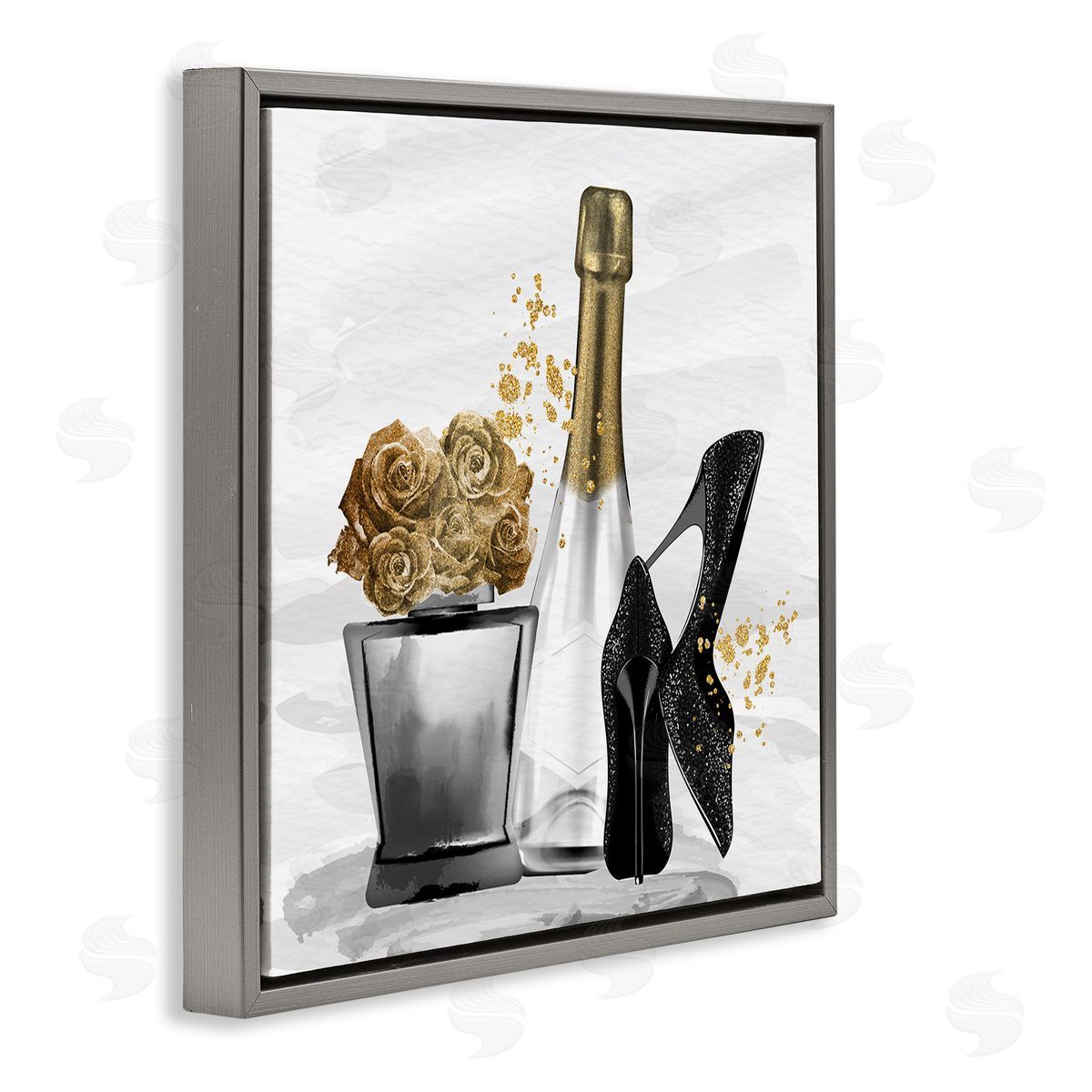 Kim Allen Chic Upscale Fashion Heels Floral Champagne Bottle Gray Floating Frame Canvas Wall Art Print