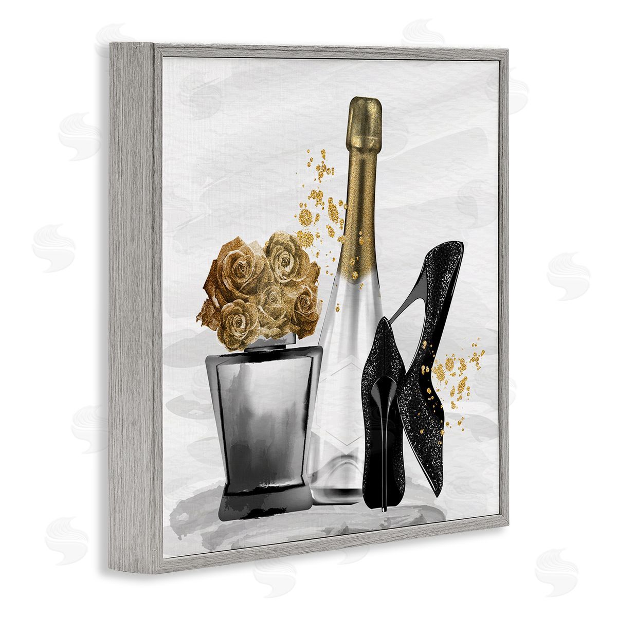 Kim Allen Chic Upscale Fashion Heels Floral Champagne Bottle Gray Framed Glicee Wall Art Print