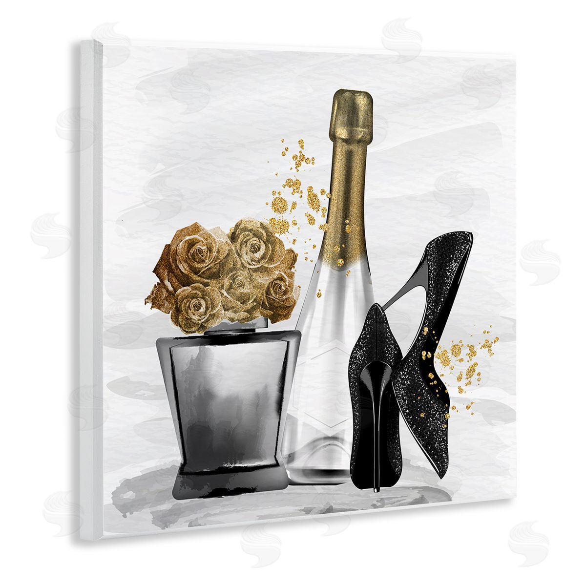 Kim Allen Chic Upscale Fashion Heels Floral Champagne Bottle Wooden Wall Plaque Art Print