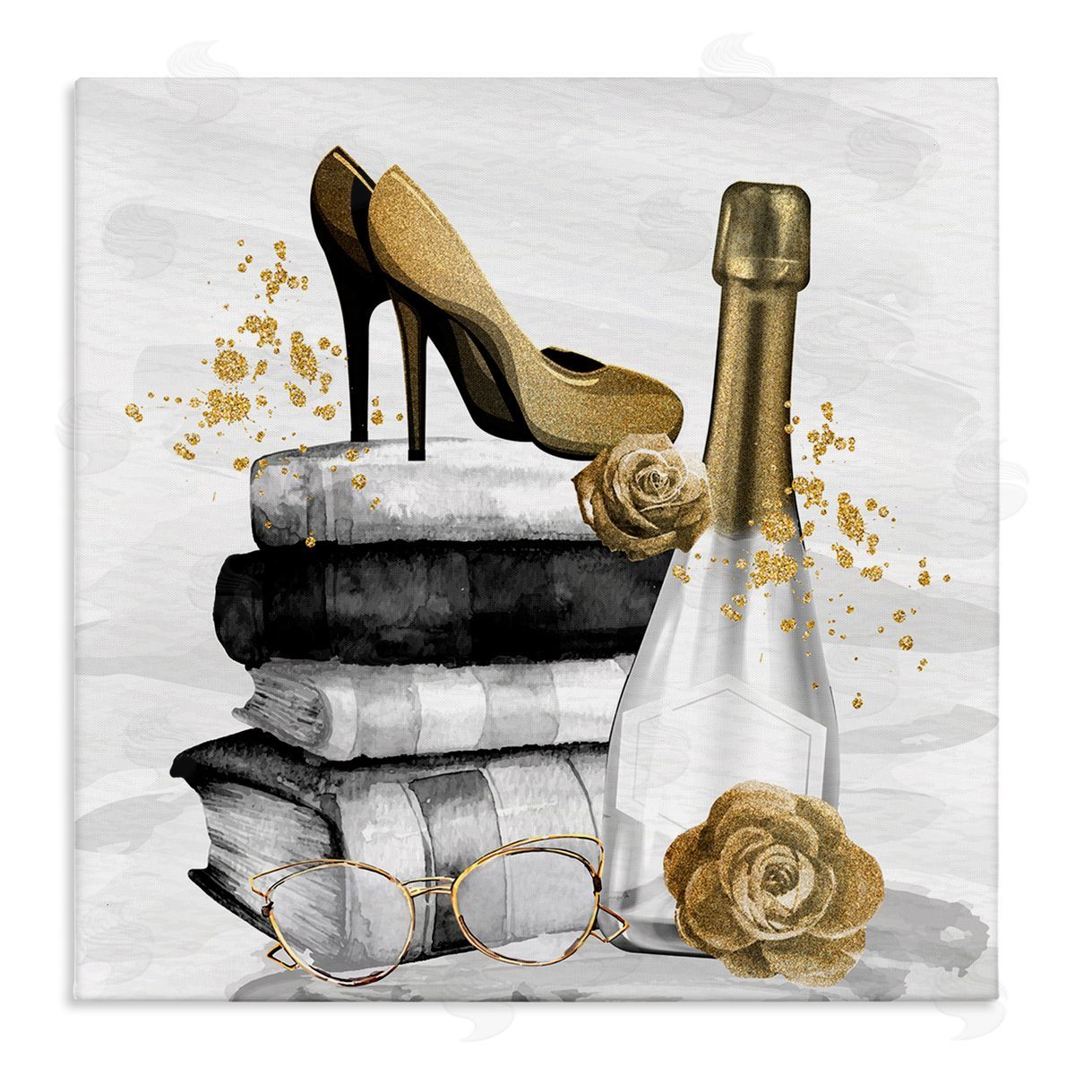 Kim Allen Trendy Fashion Heels Book Stack Dazzling Champagne Stretched Canvas Wall Art Print
