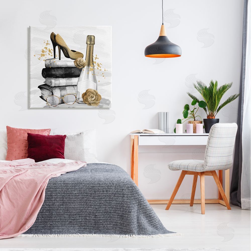 Kim Allen Trendy Fashion Heels Book Stack Dazzling Champagne Canvas Wall Art in Room