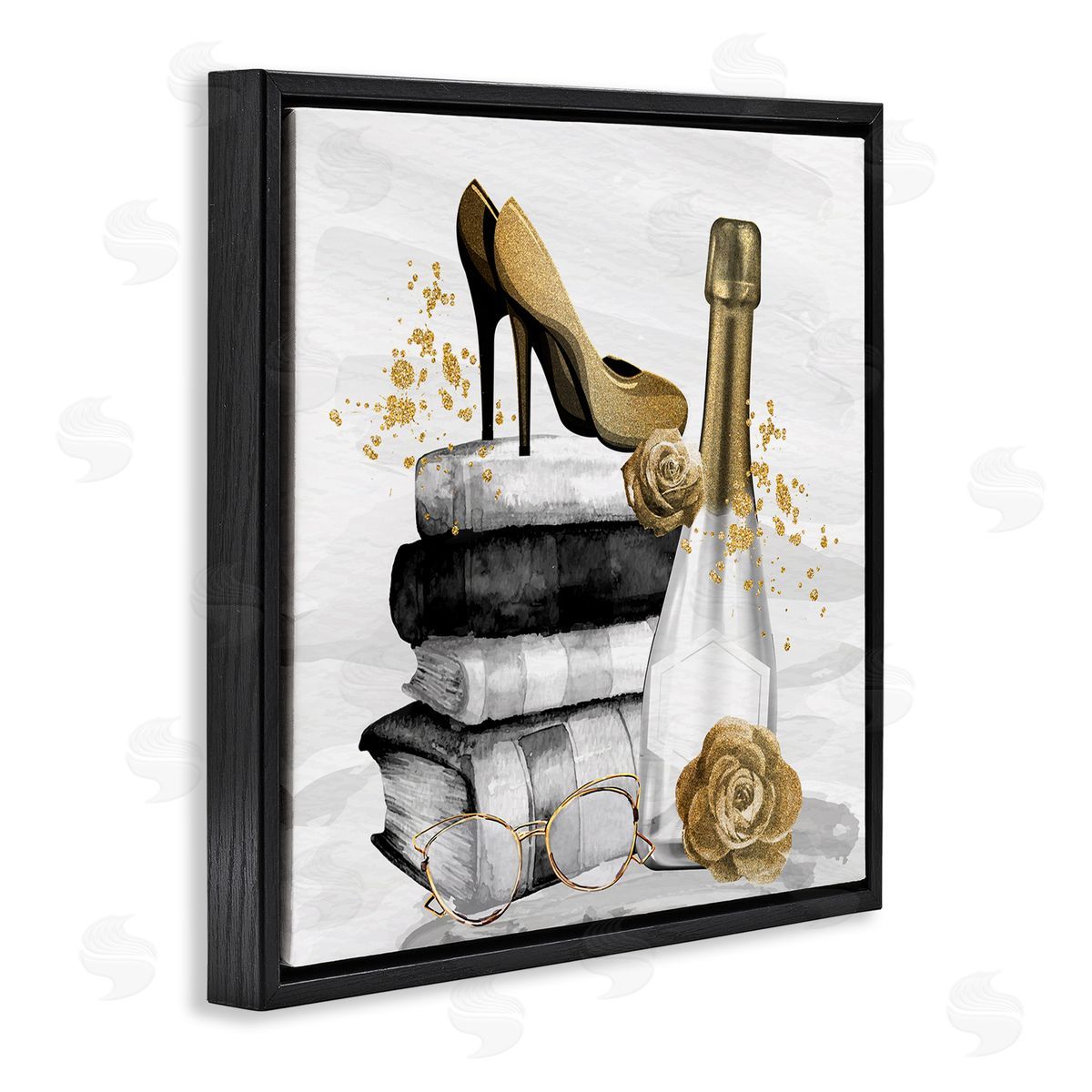 Kim Allen Trendy Fashion Heels Book Stack Dazzling Champagne Black Floating Frame Canvas Wall Art Print