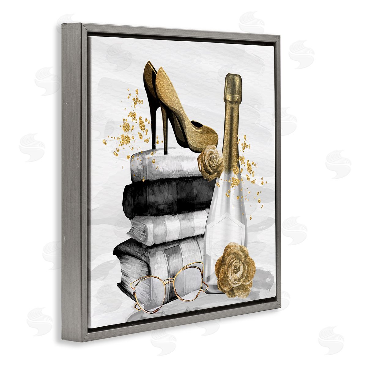 Kim Allen Trendy Fashion Heels Book Stack Dazzling Champagne Gray Floating Frame Canvas Wall Art Print