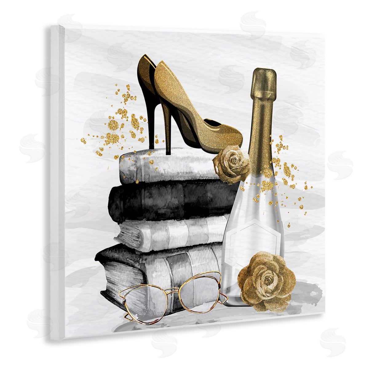 Kim Allen Trendy Fashion Heels Book Stack Dazzling Champagne Wooden Wall Plaque Art Print