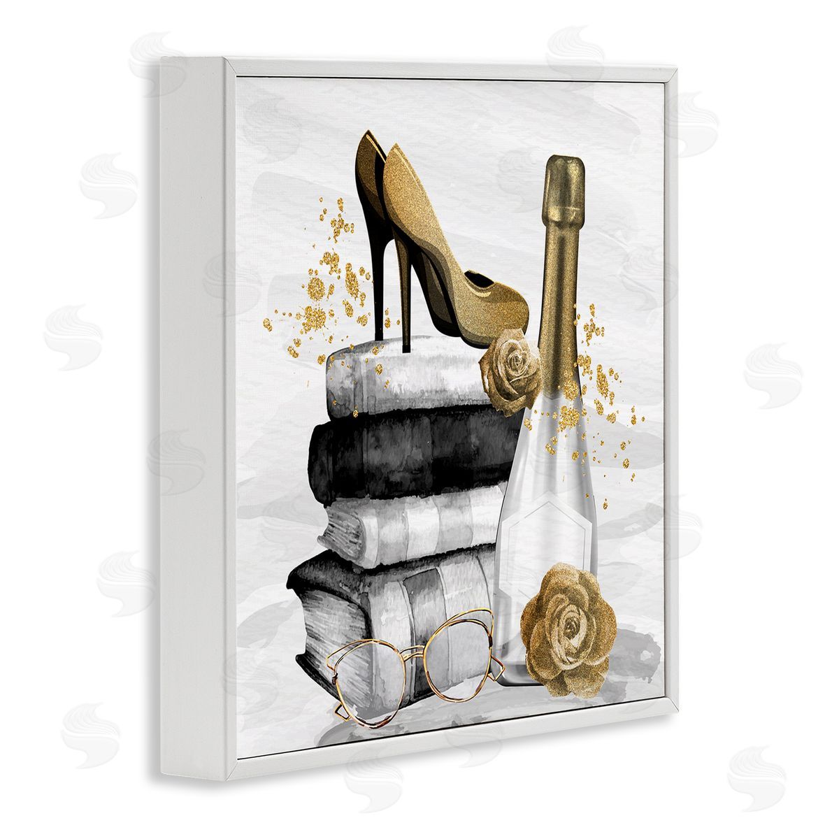 Kim Allen Trendy Fashion Heels Book Stack Dazzling Champagne White Framed Glicee Wall Art Print