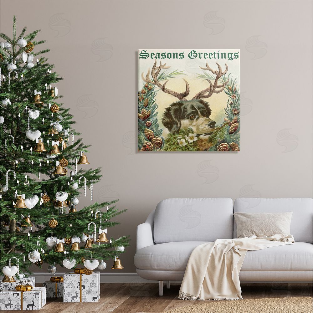 Alicia Longley Seasons Greetings Dog Wearing Antlers Botanical Border Canvas Wall Art in Room