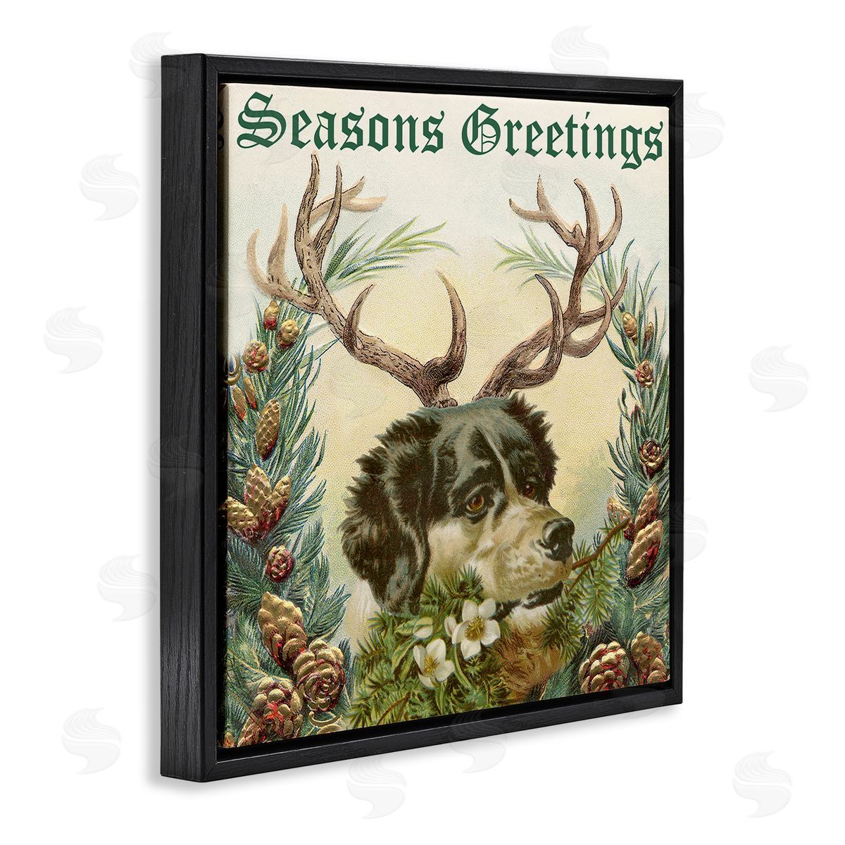 Alicia Longley Seasons Greetings Dog Wearing Antlers Botanical Border Black Floating Frame Canvas Wall Art Print