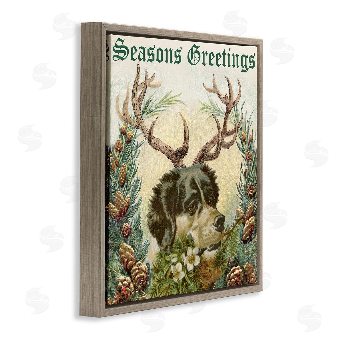 Alicia Longley Seasons Greetings Dog Wearing Antlers Botanical Border Brown Floating Frame Canvas Wall Art Print