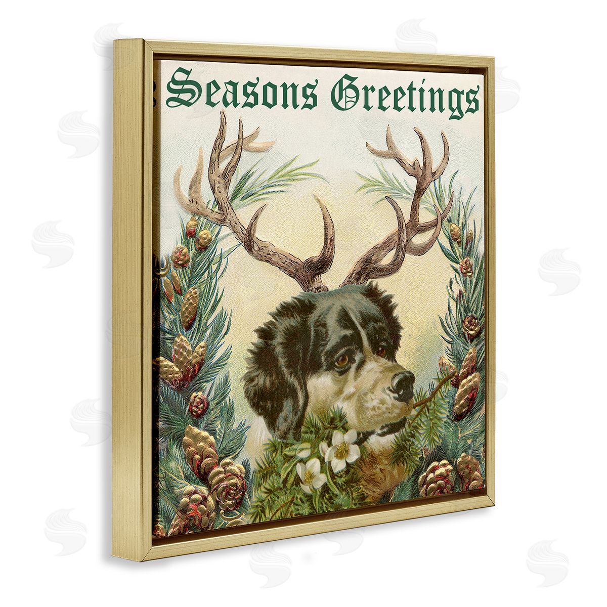 Alicia Longley Seasons Greetings Dog Wearing Antlers Botanical Border Gold Floating Frame Canvas Wall Art Print