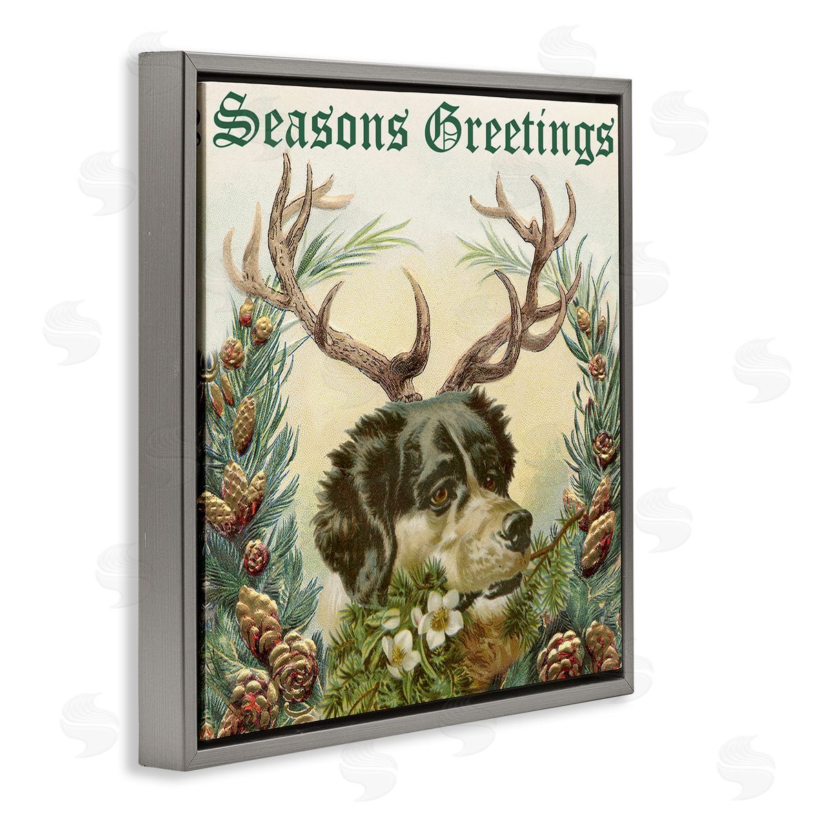 Alicia Longley Seasons Greetings Dog Wearing Antlers Botanical Border Gray Floating Frame Canvas Wall Art Print