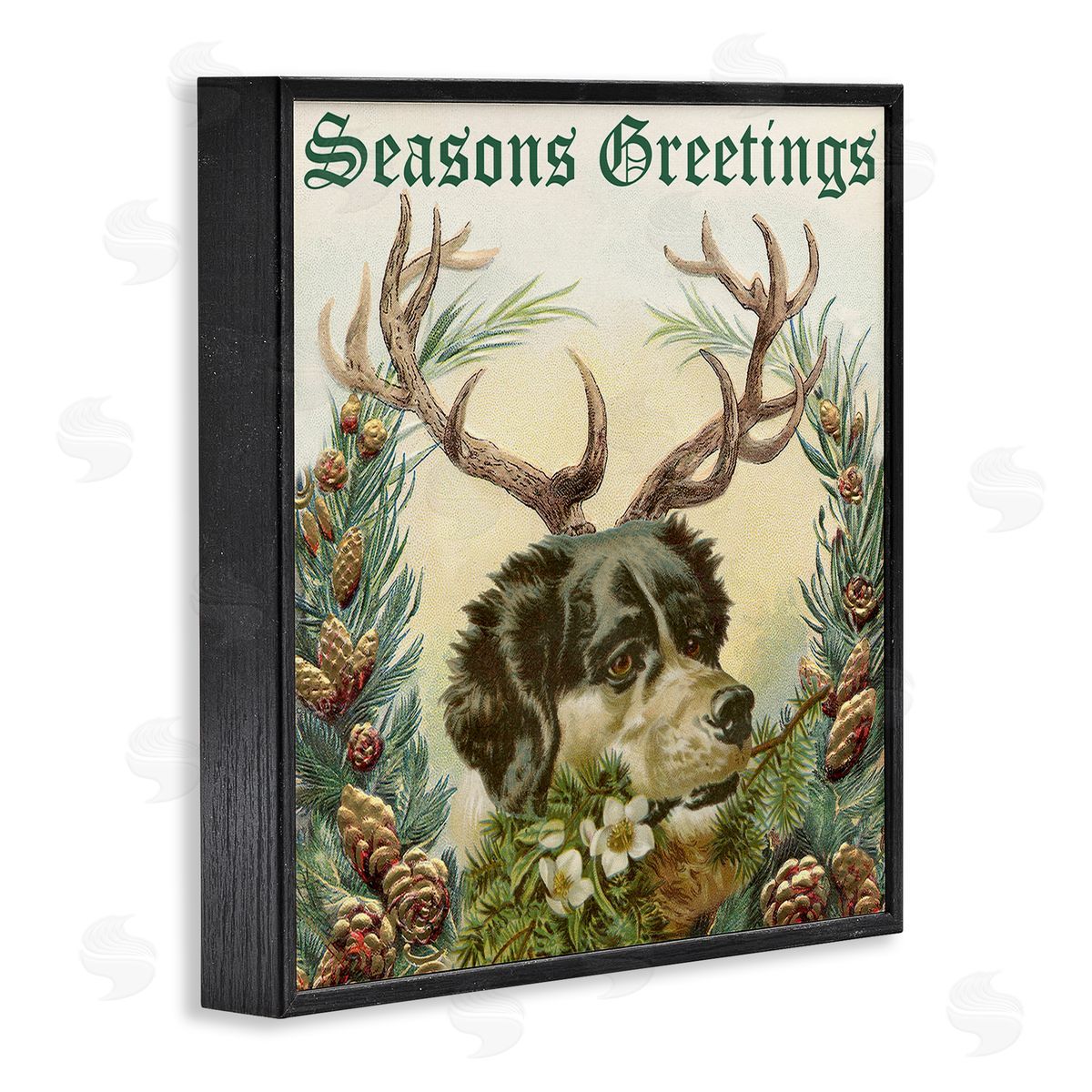 Alicia Longley Seasons Greetings Dog Wearing Antlers Botanical Border Black Framed Glicee Wall Art Print