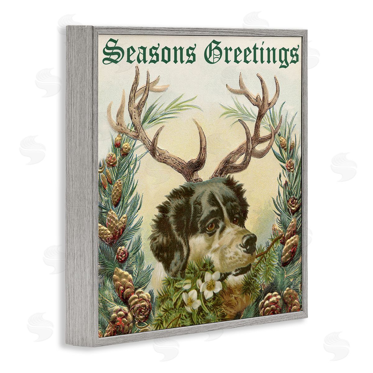 Alicia Longley Seasons Greetings Dog Wearing Antlers Botanical Border Gray Framed Glicee Wall Art Print