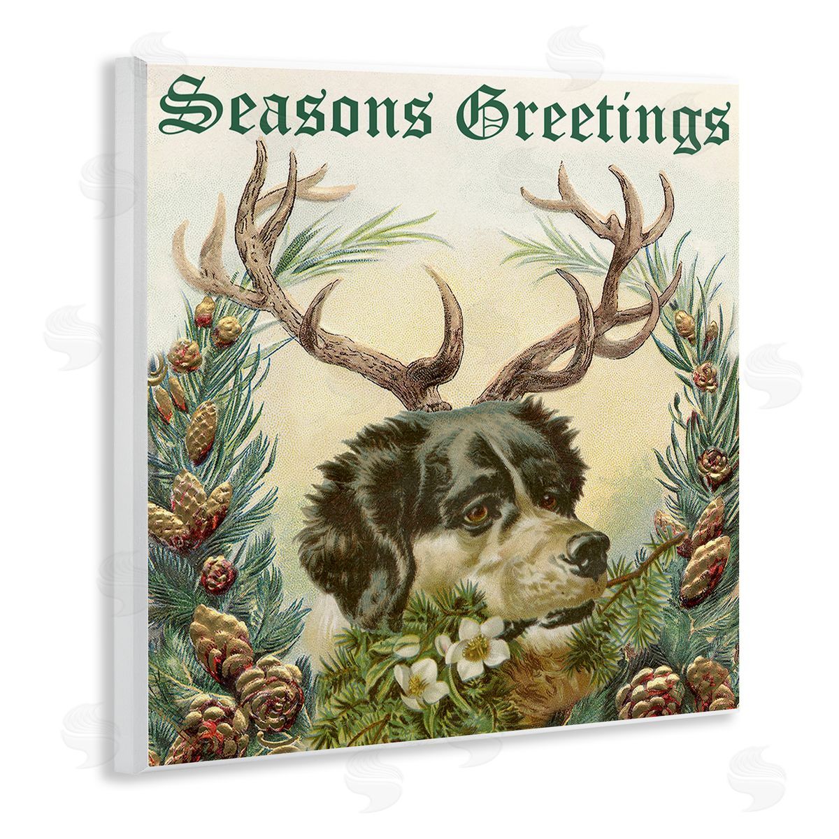 Alicia Longley Seasons Greetings Dog Wearing Antlers Botanical Border Wooden Wall Plaque Art Print