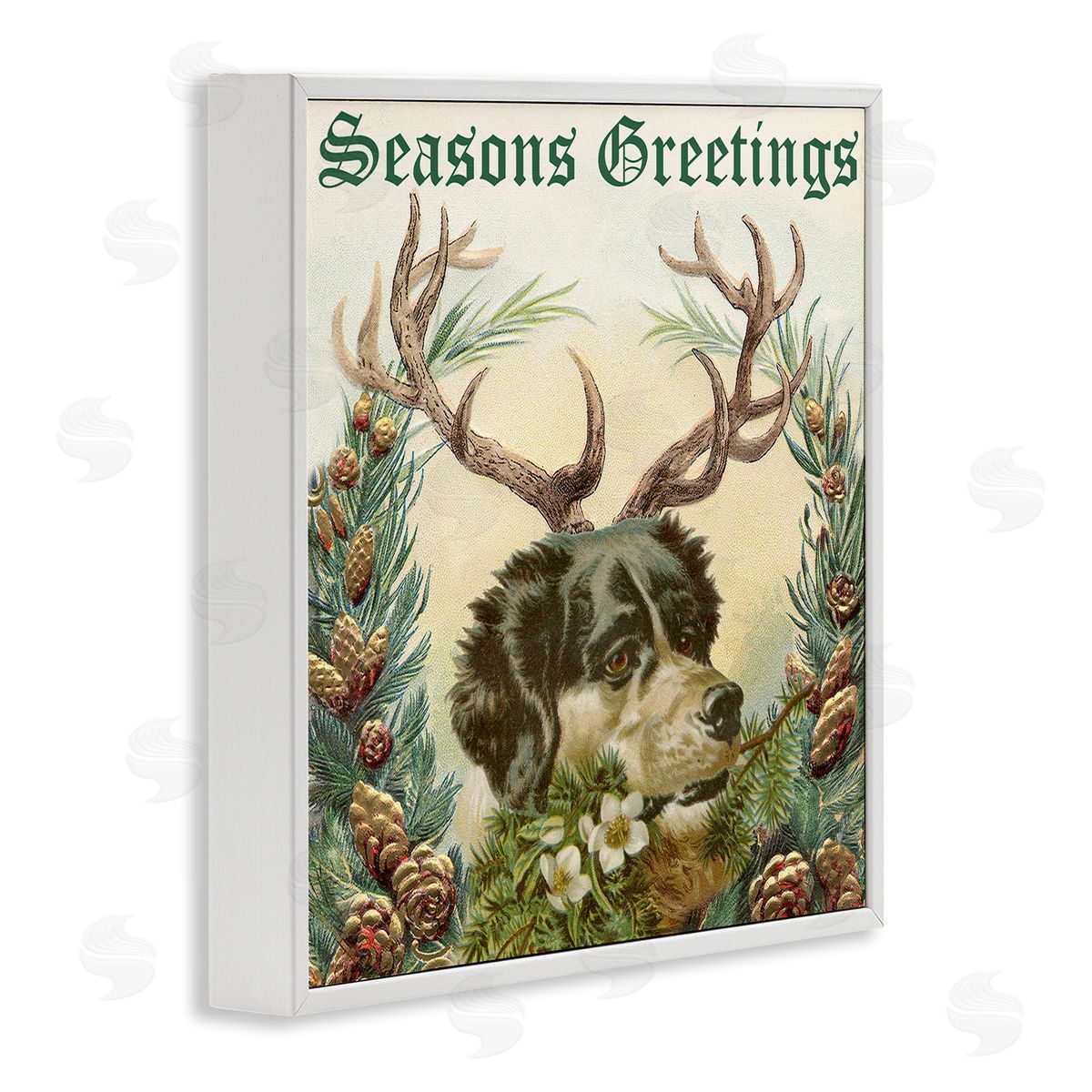 Alicia Longley Seasons Greetings Dog Wearing Antlers Botanical Border White Framed Glicee Wall Art Print